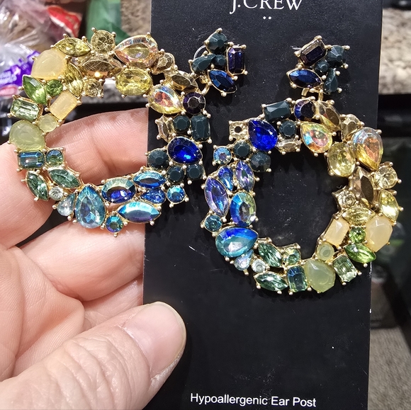 NWT J CREW WREATH CIRCLE RHINESTONE GEMSTONE DARK SEA GREEN EARRINGS - Picture 11 of 14